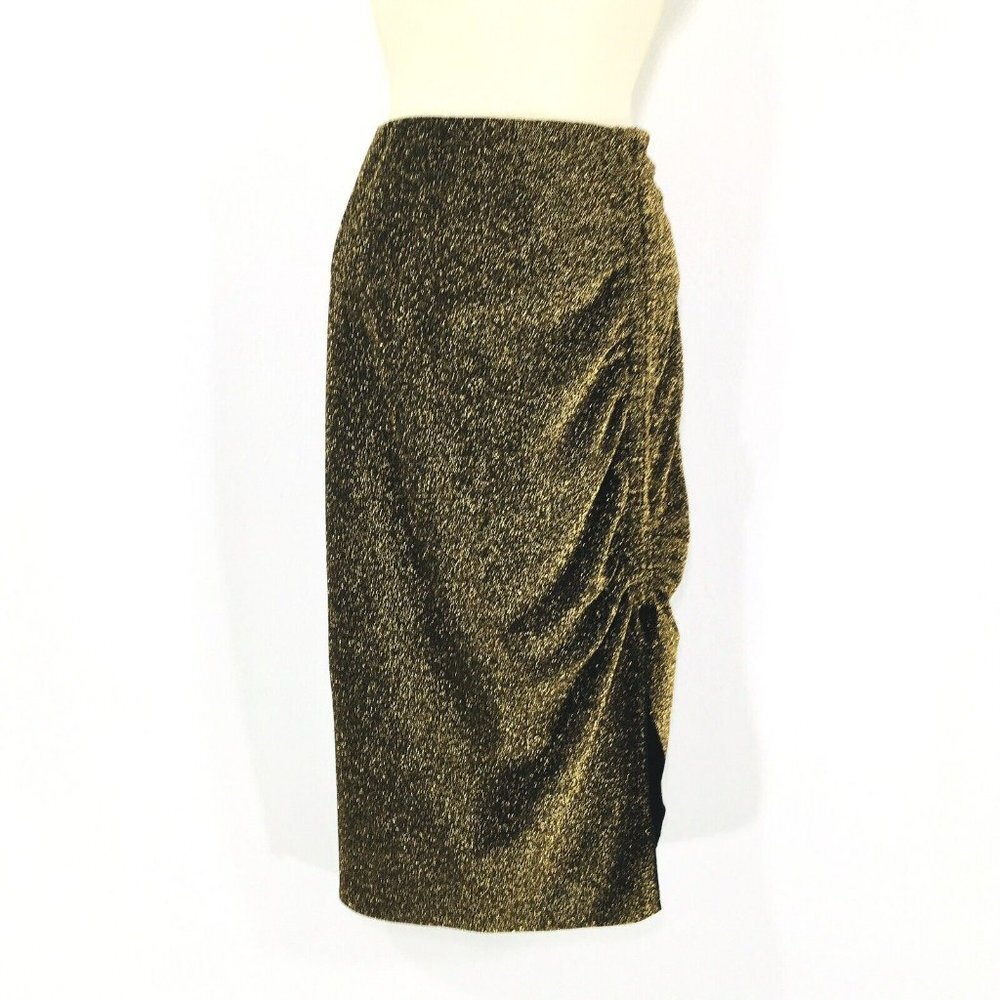 ORIGINALITY Womens Pencil Skirt Sz XL Metallic Lurex Knit Gold/BlackRuched NEW